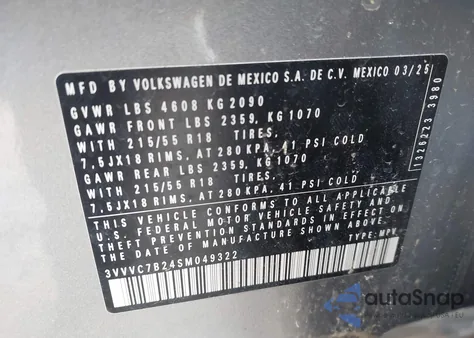 2025 Volkswagen Taos 1.5T Se from USA, damaged, VIN 3VVVC7B24SM049322
